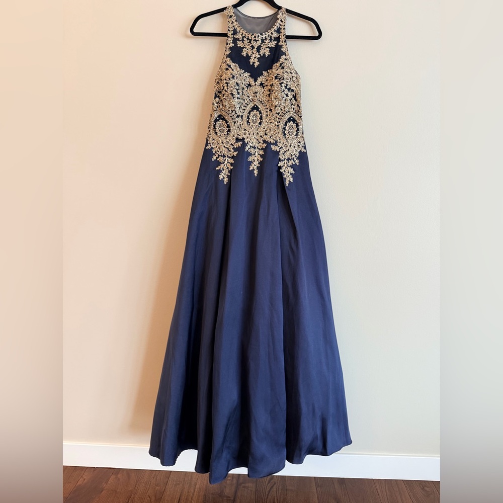 Xscape Navy Maxi Ball Gown with Gold Embellished Bodice